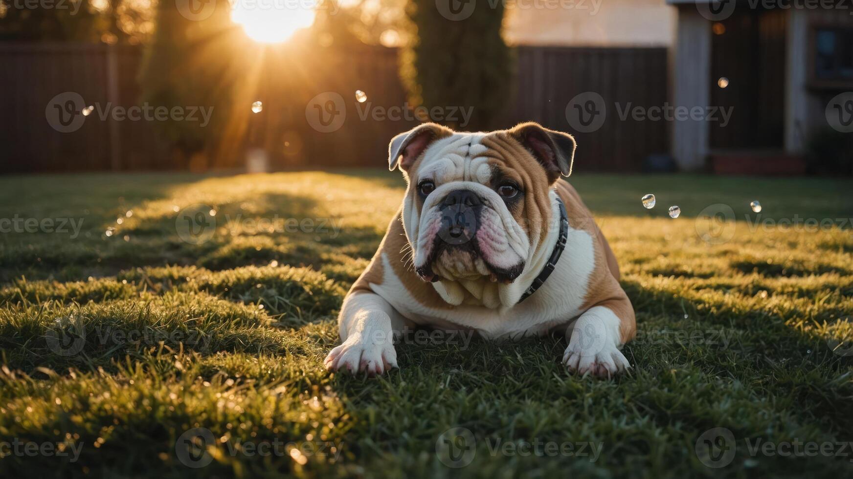 A bulldog lounging on grass with sunlight and bubbles in the background. photo