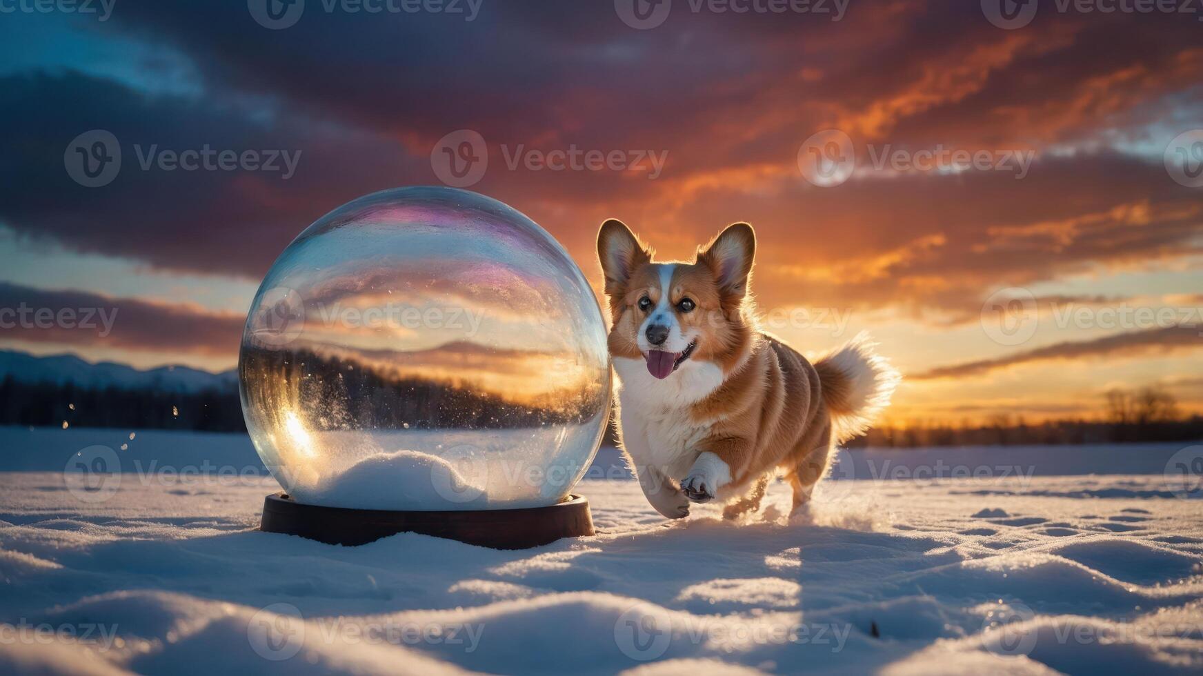 A playful corgi runs in the snow near a large crystal ball at sunset. photo