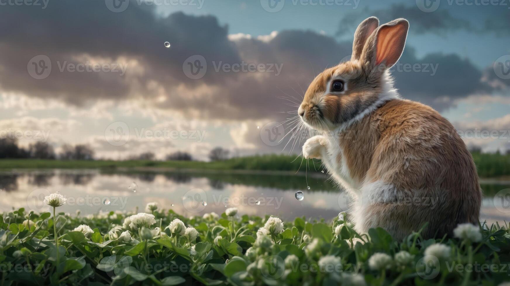 A serene rabbit stands by a tranquil pond, surrounded by clover flowers under a cloudy sky. photo