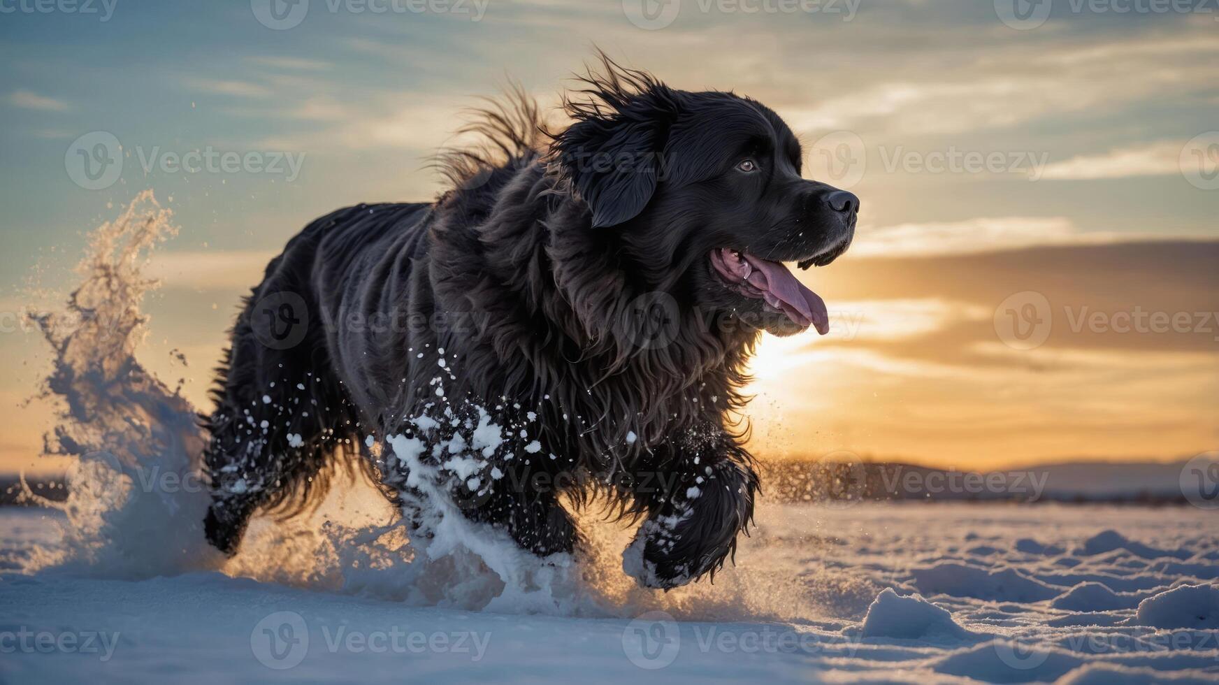 A dog joyfully running through snow at sunset, capturing a moment of playful freedom. photo