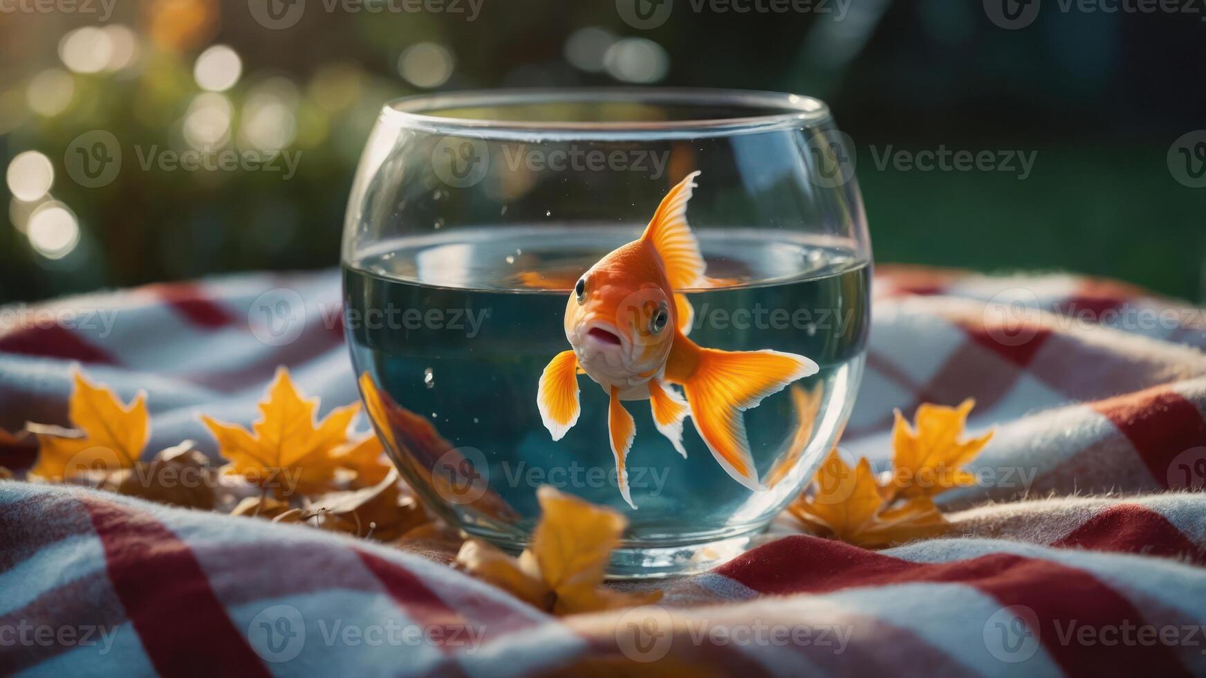 A goldfish in a bowl surrounded by autumn leaves on a checkered blanket. photo