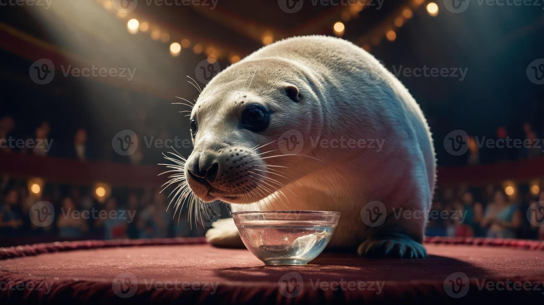 A seal performing in a circus setting, focused on a bowl in front of an audience. photo