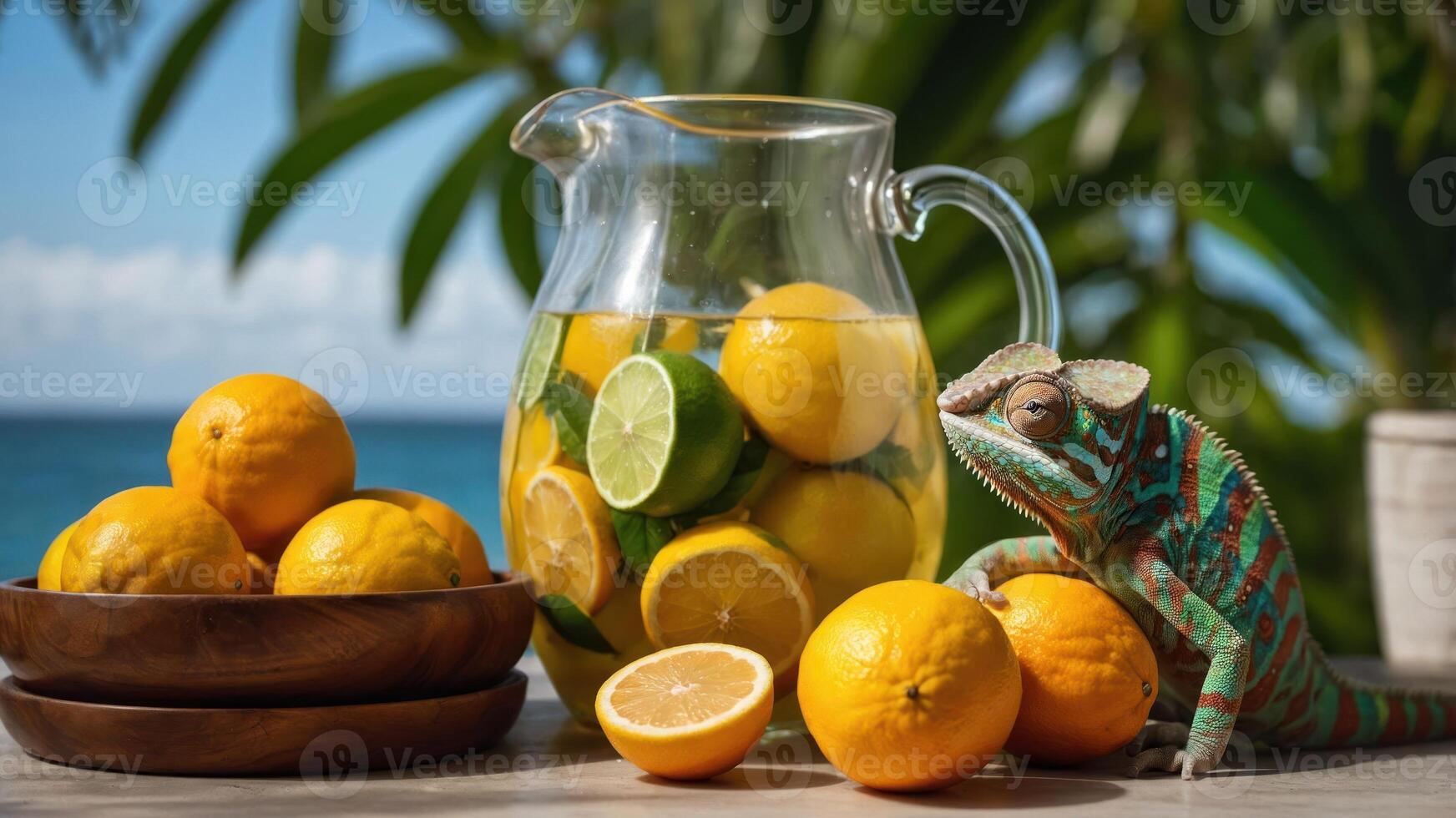 A pitcher of lemonade with lemons and a chameleon in a tropical setting. photo