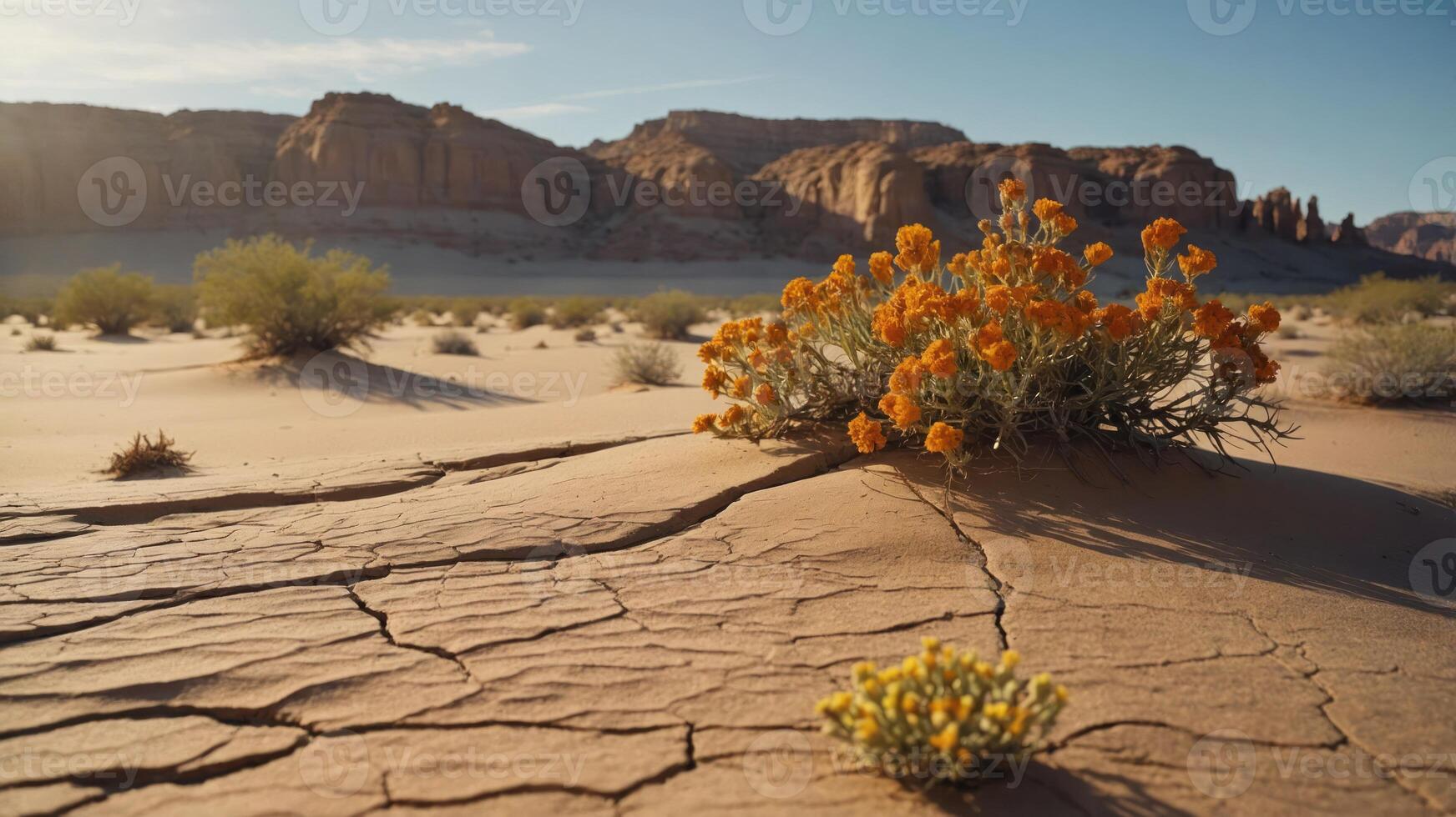 A vibrant desert scene showcasing blooming flowers against a backdrop of rocky cliffs. photo