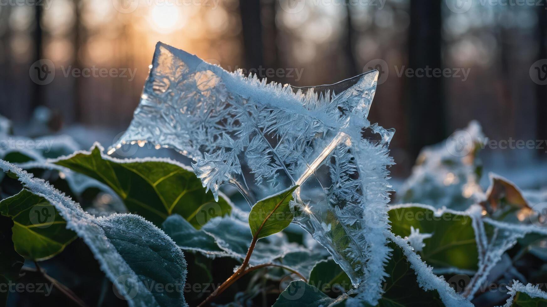 A close-up of frosty leaves with ice crystals, illuminated by soft sunlight in a forest. photo