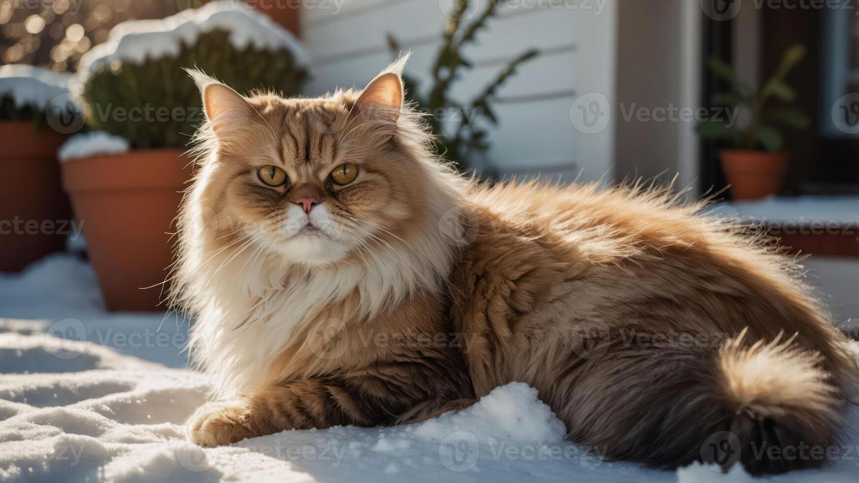 A fluffy cat resting in the snow, showcasing its majestic fur and serene expression. photo