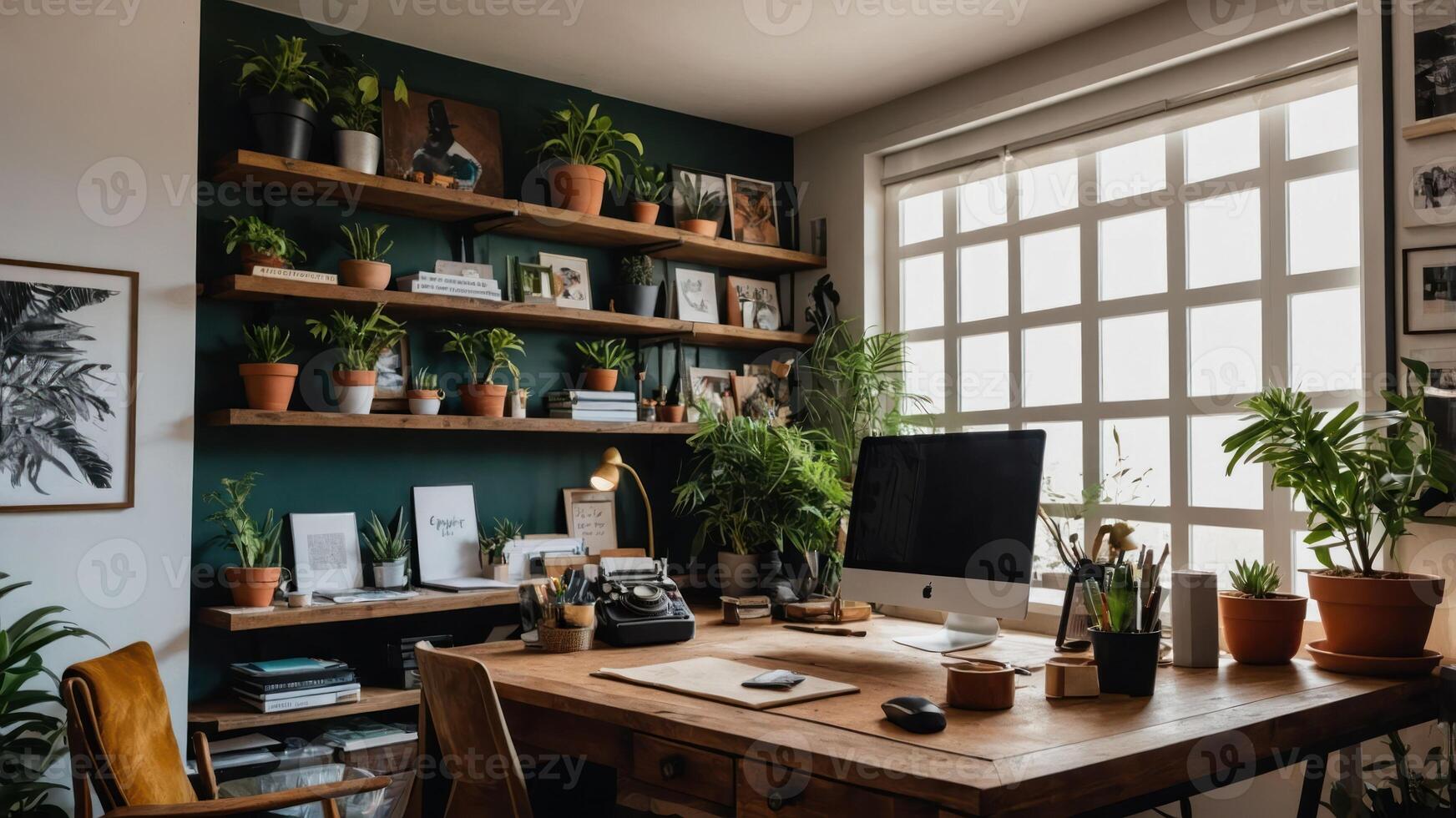 A cozy home office filled with plants, featuring a desk, computer, and decorative items. photo
