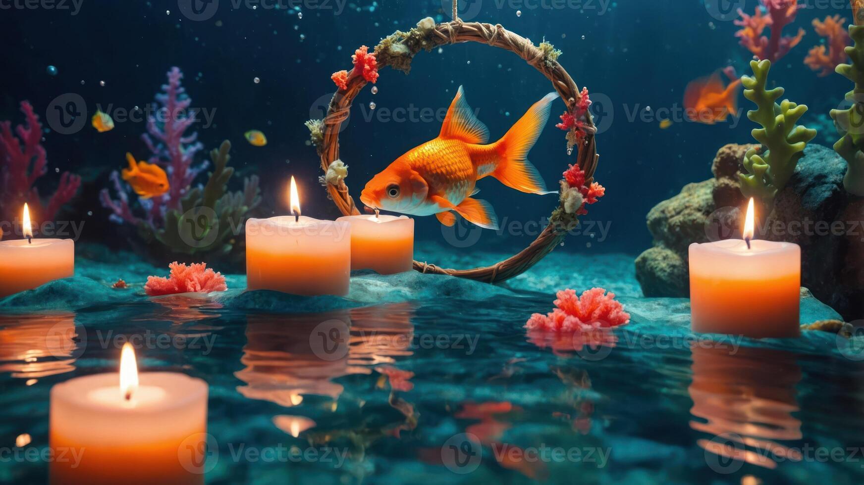 A serene underwater scene featuring a goldfish swimming through a floral hoop with candles. photo