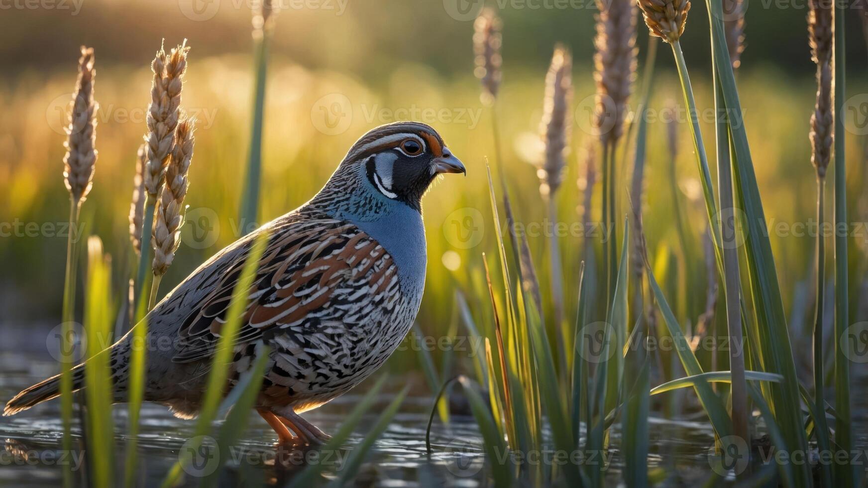 A bird stands gracefully in a sunlit field surrounded by tall grass and wheat. photo