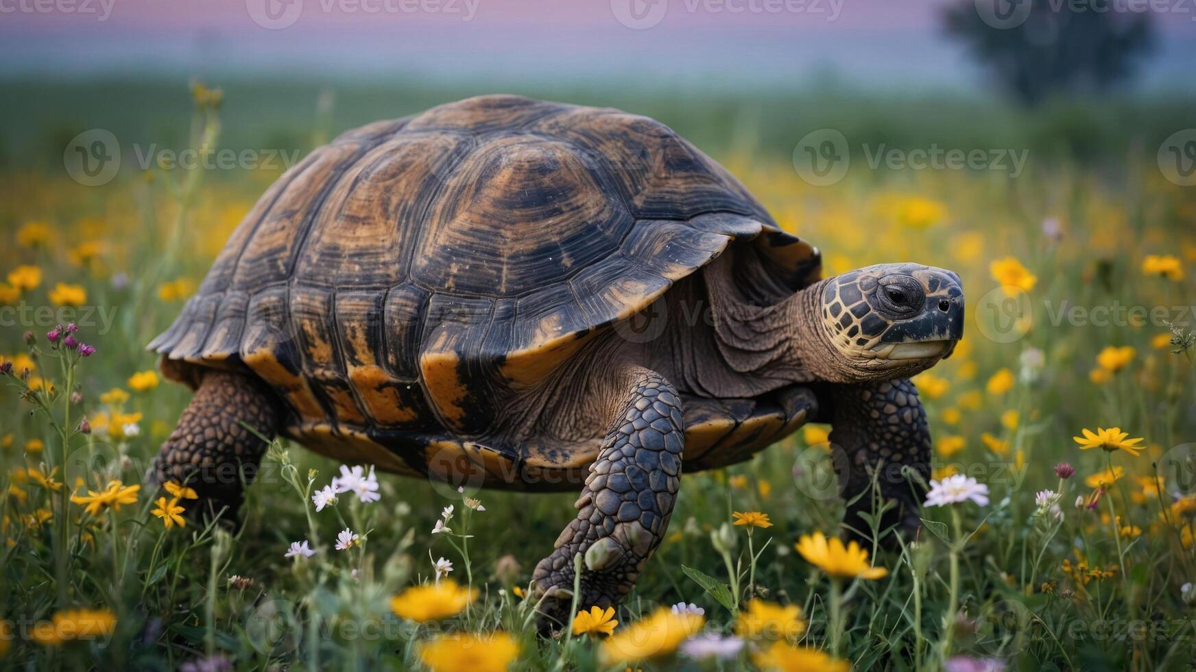 A tortoise walking through a vibrant field of wildflowers. photo
