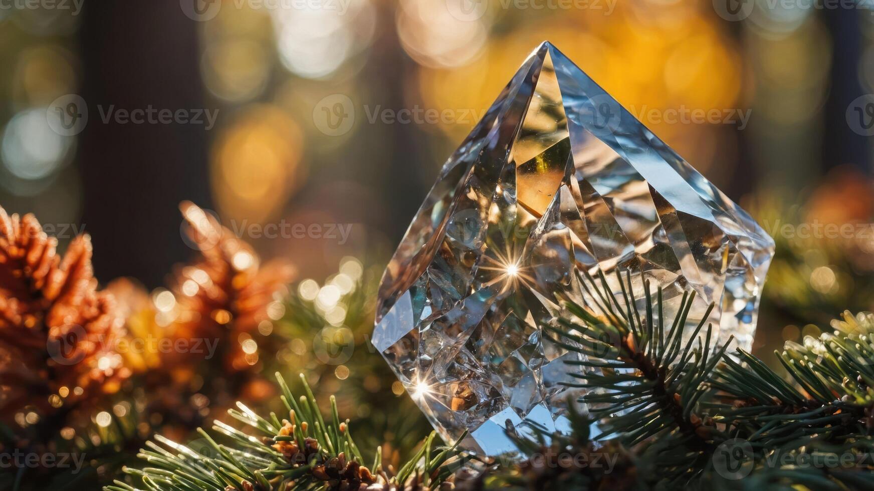 A crystal prism resting on evergreen branches, reflecting light in a serene forest setting. photo