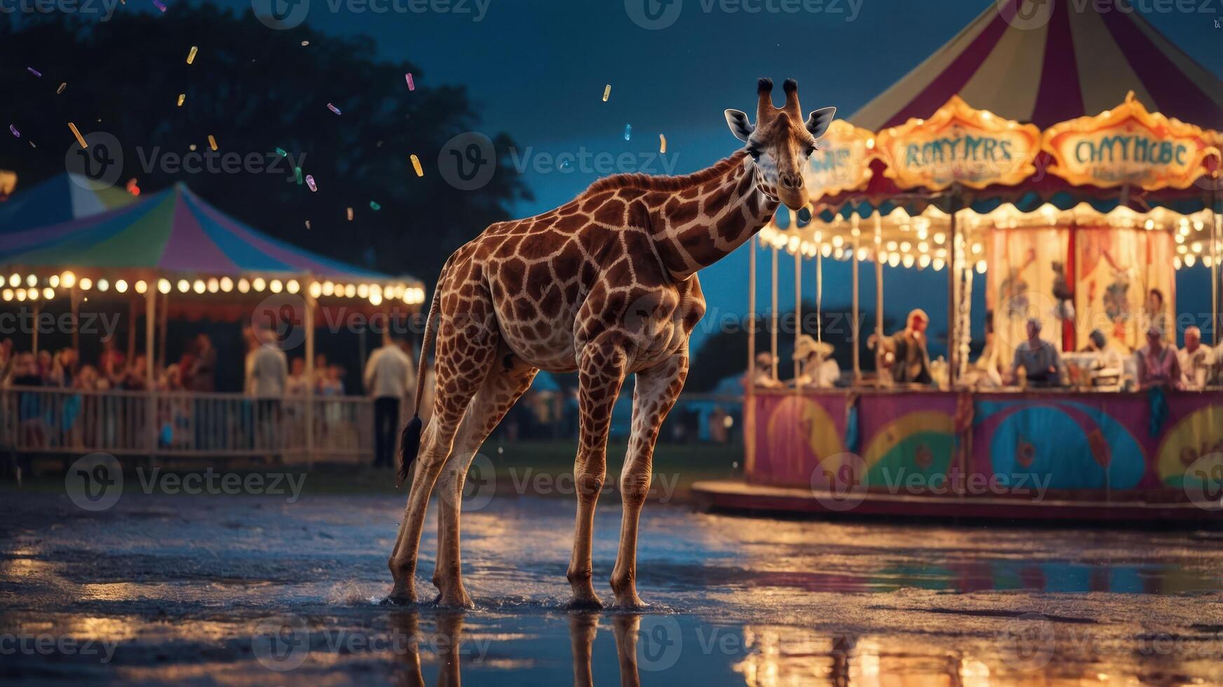 A giraffe stands in a carnival setting, reflecting colorful lights and a festive atmosphere. photo