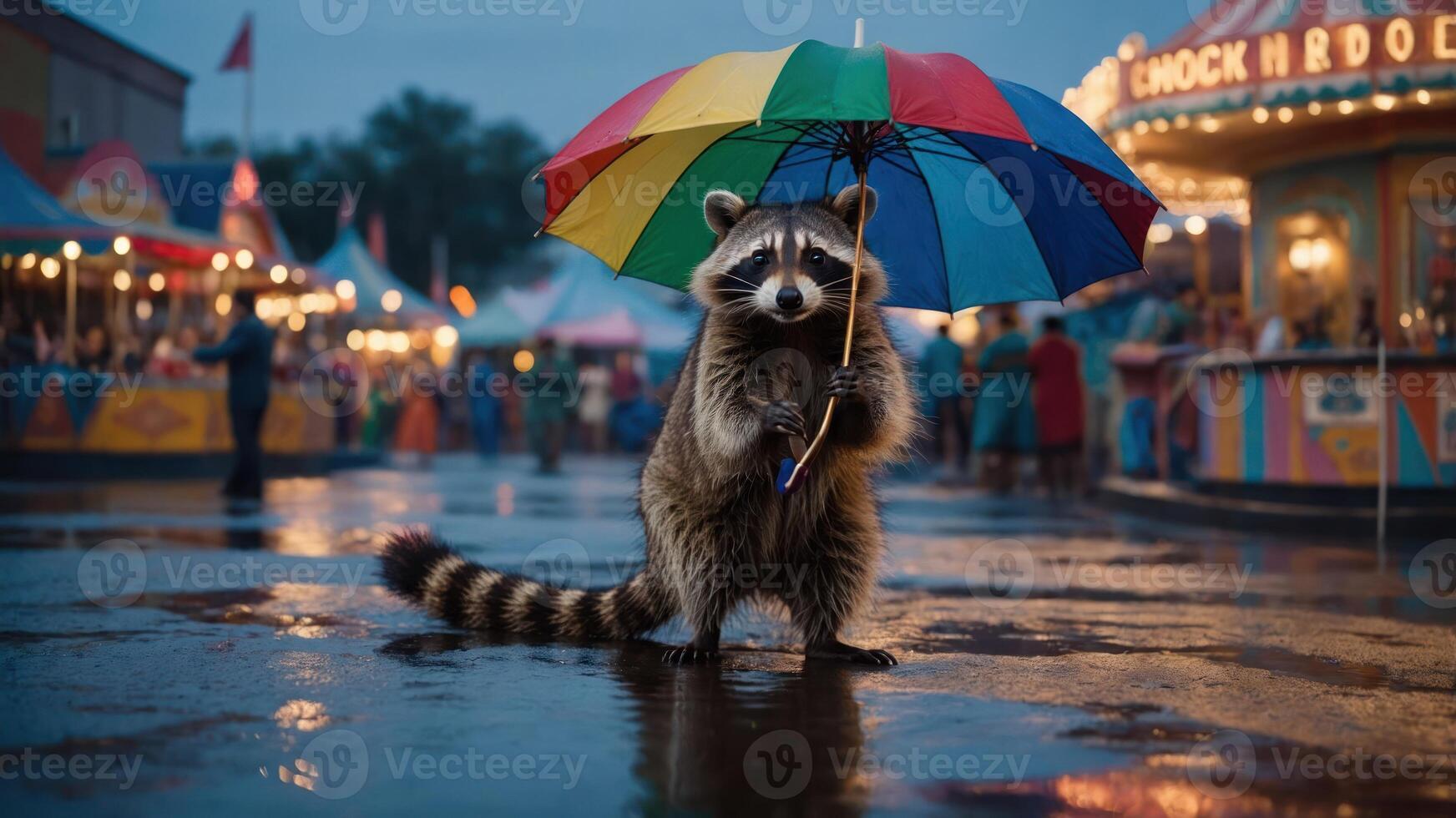 A raccoon stands under a colorful umbrella at a carnival, reflecting on wet pavement. photo