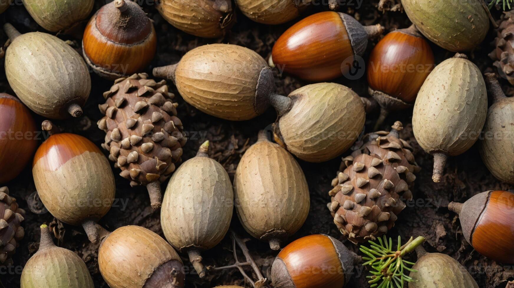 A collection of acorns and pine cones scattered on the ground. photo