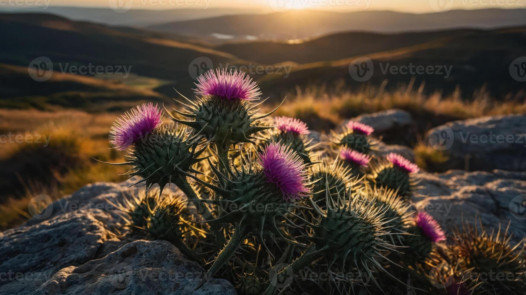 A close-up of thistles with purple flowers against a sunset backdrop in a hilly landscape. photo