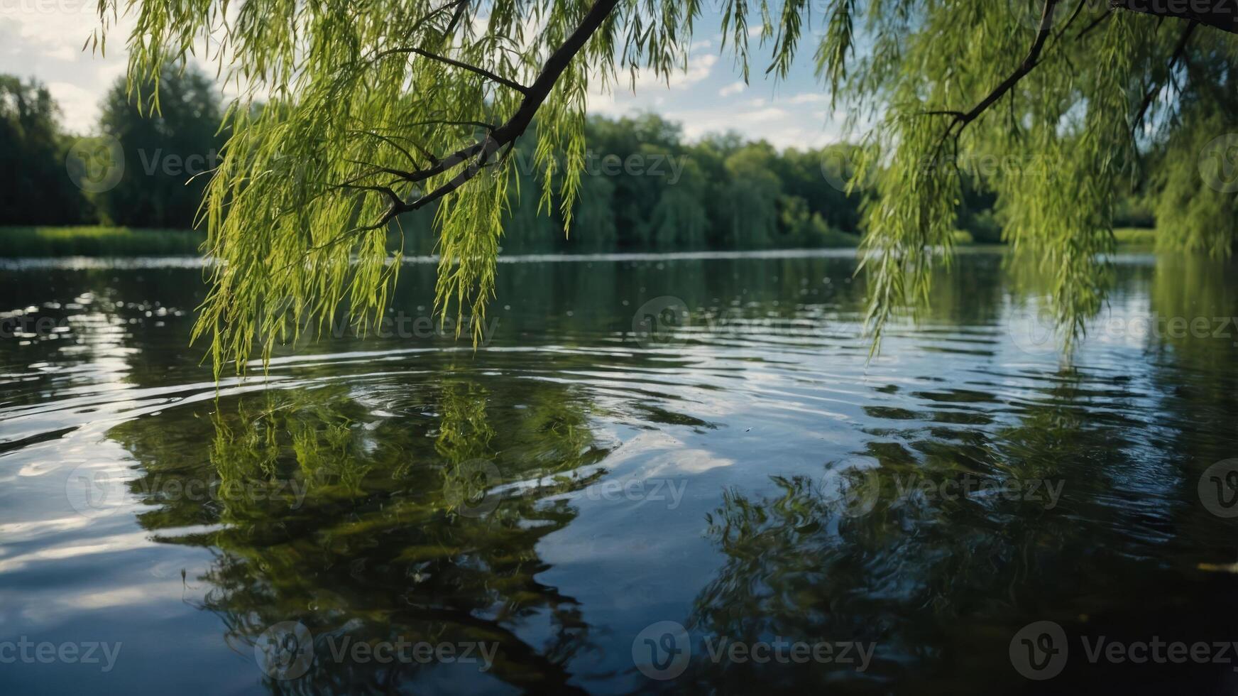 A serene riverside scene with willow branches reflecting on calm water. photo