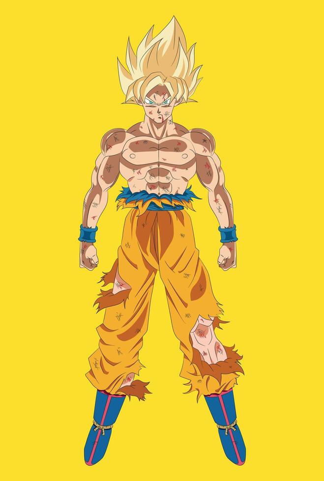 Goku SSJ, orange and blue, exposed torso, yellow background vector