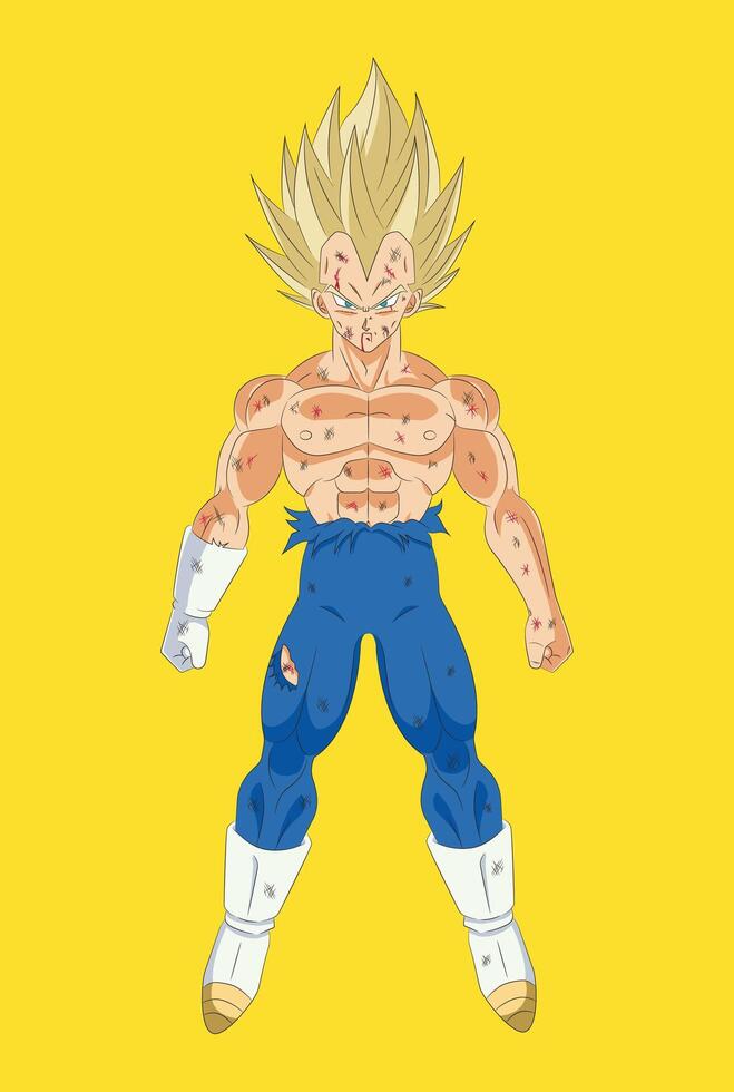 2D illustration of Vegeta SSJ with blue suit and combat damage vector