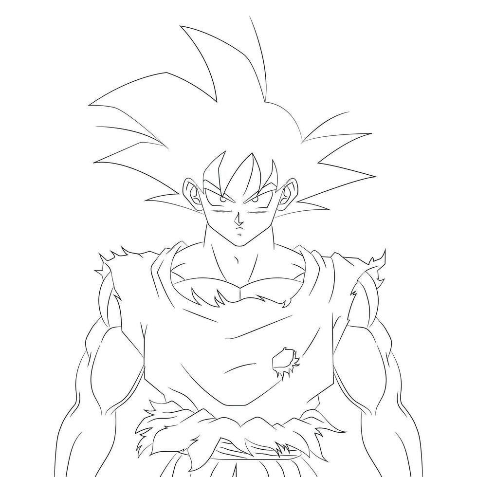 Line Art Drawing of Goku in Torn Outfit Anime Style Illustration vector