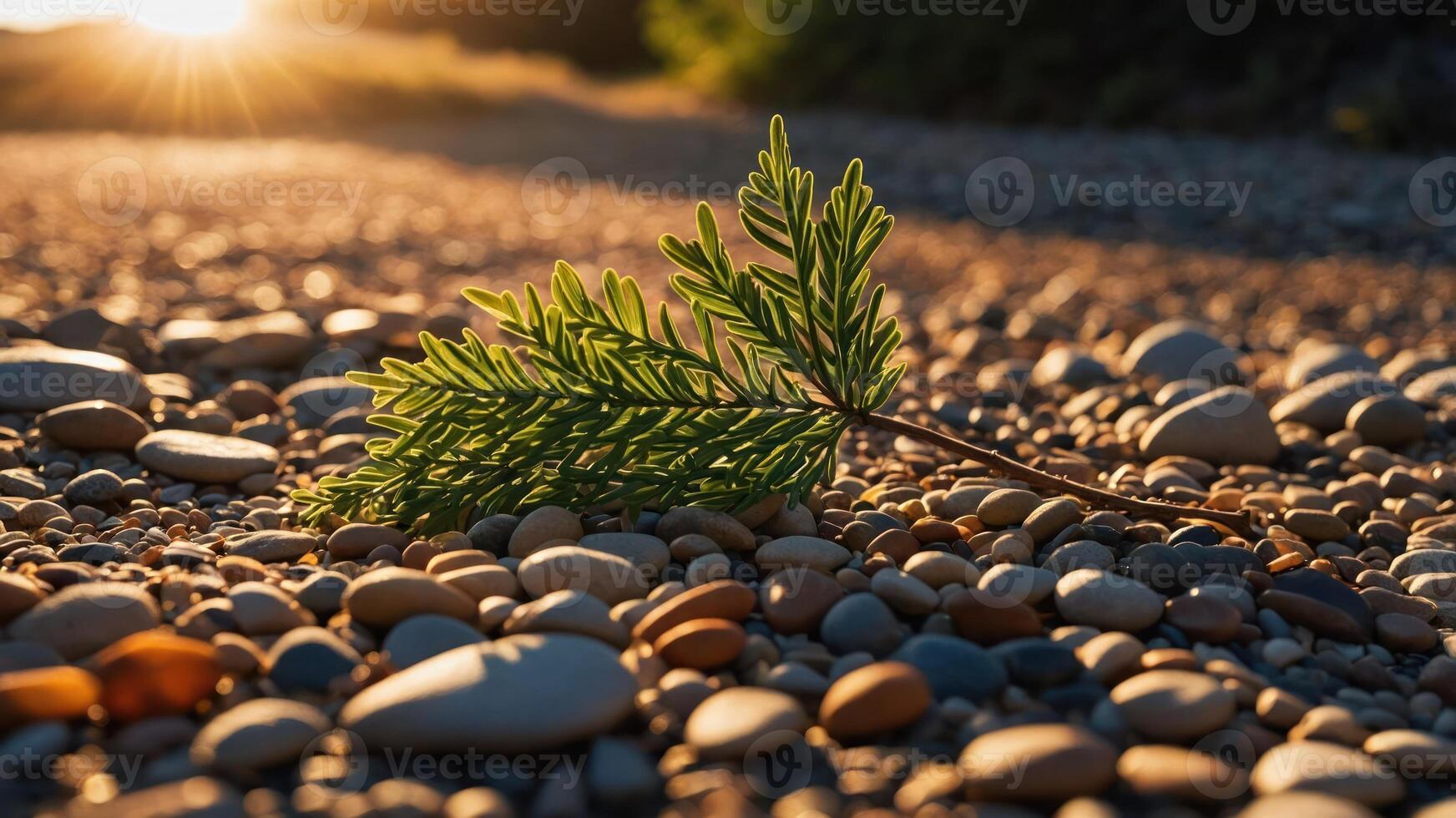 A close-up of a green leaf resting on smooth pebbles with a sunset in the background. photo