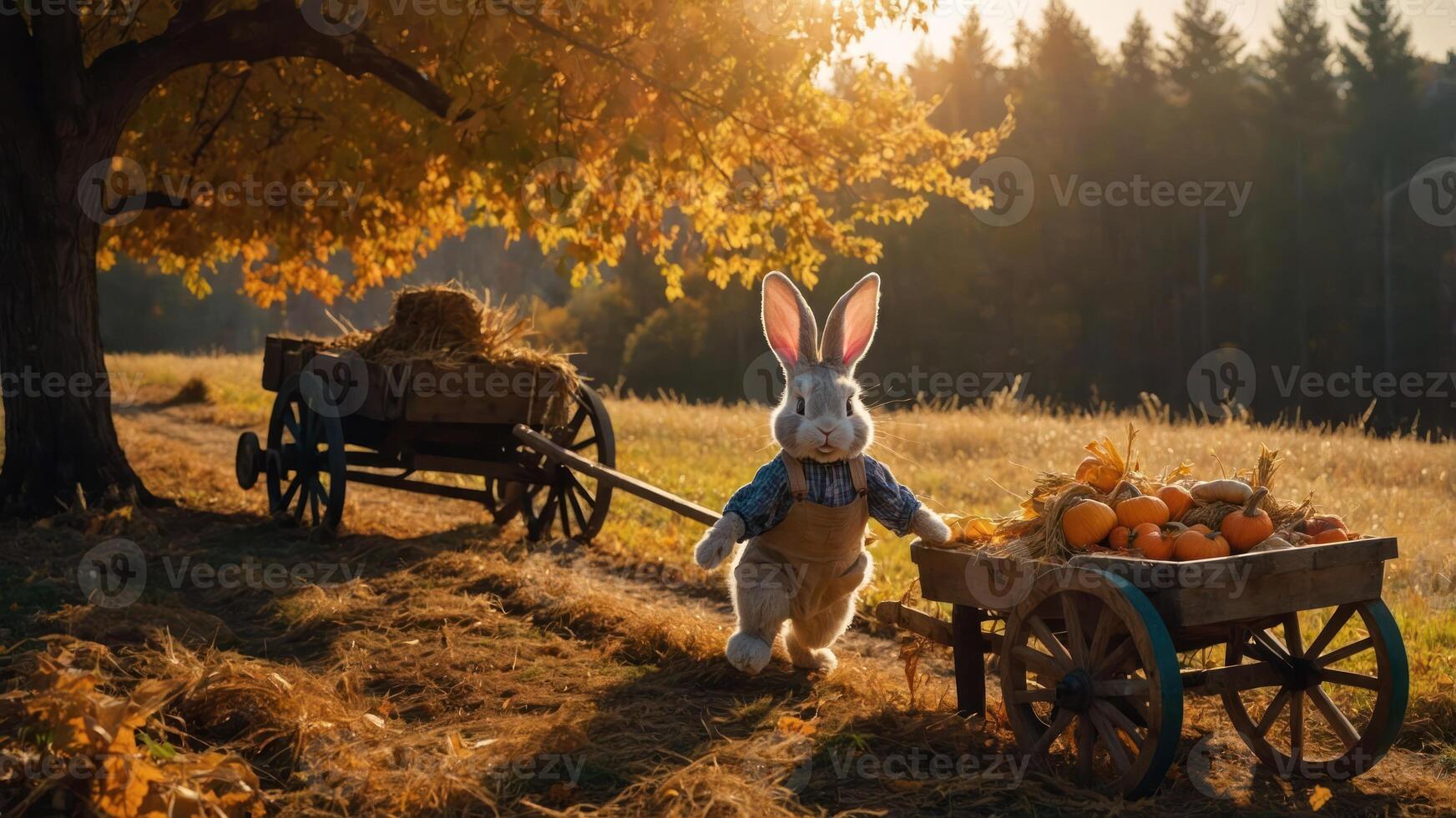 A whimsical rabbit with large ears pulls a cart filled with pumpkins in an autumn landscape. photo