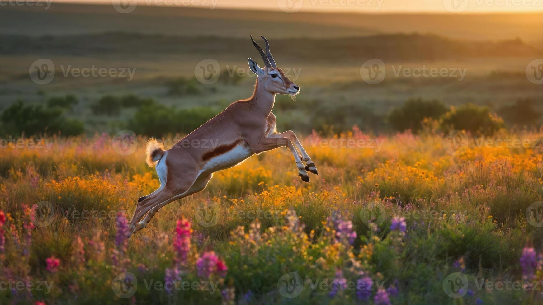 A graceful antelope leaps through a vibrant field of wildflowers at sunset. photo
