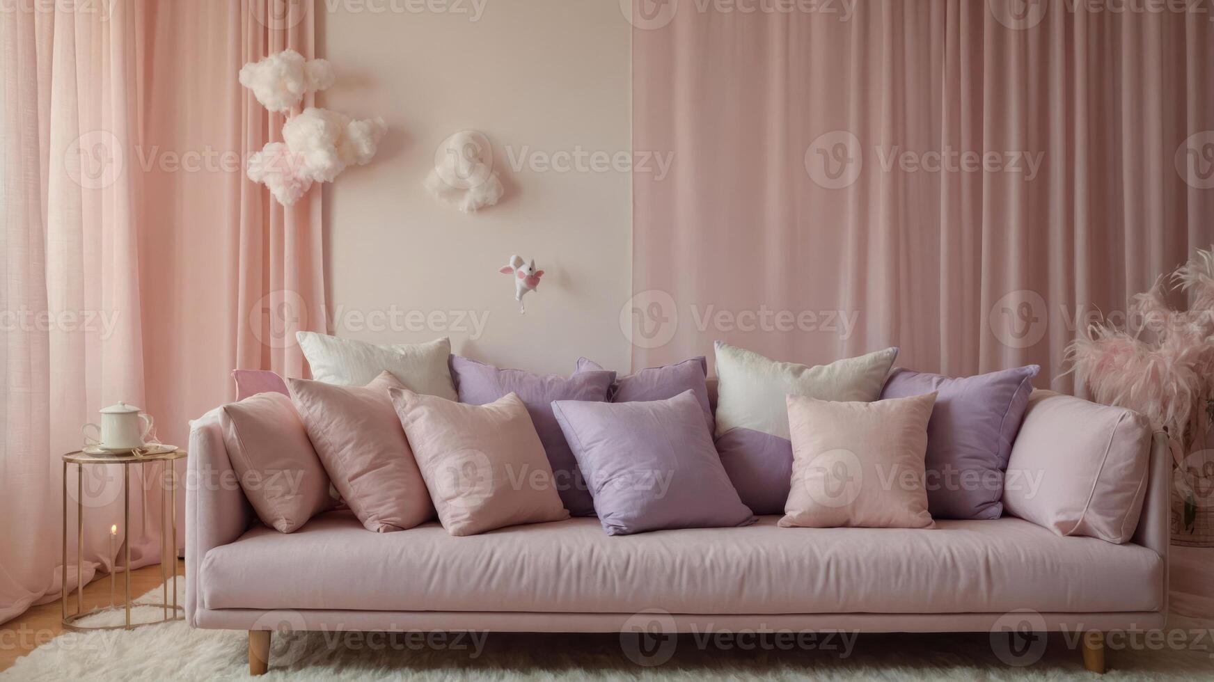 A cozy pink-themed living room with a plush sofa and decorative pillows. photo