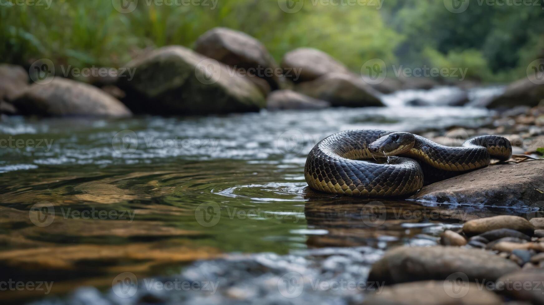 A snake resting on a rock near a serene stream, surrounded by nature. photo