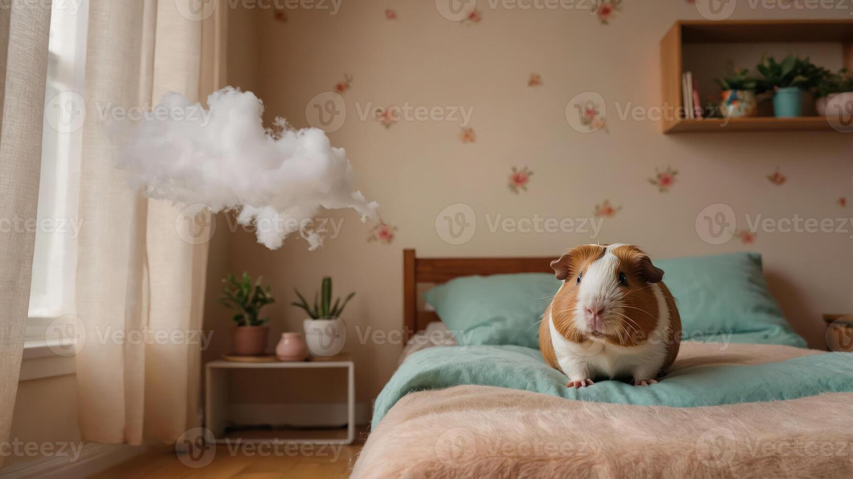 A guinea pig sits on a bed in a cozy room with plants and a whimsical cloud. photo