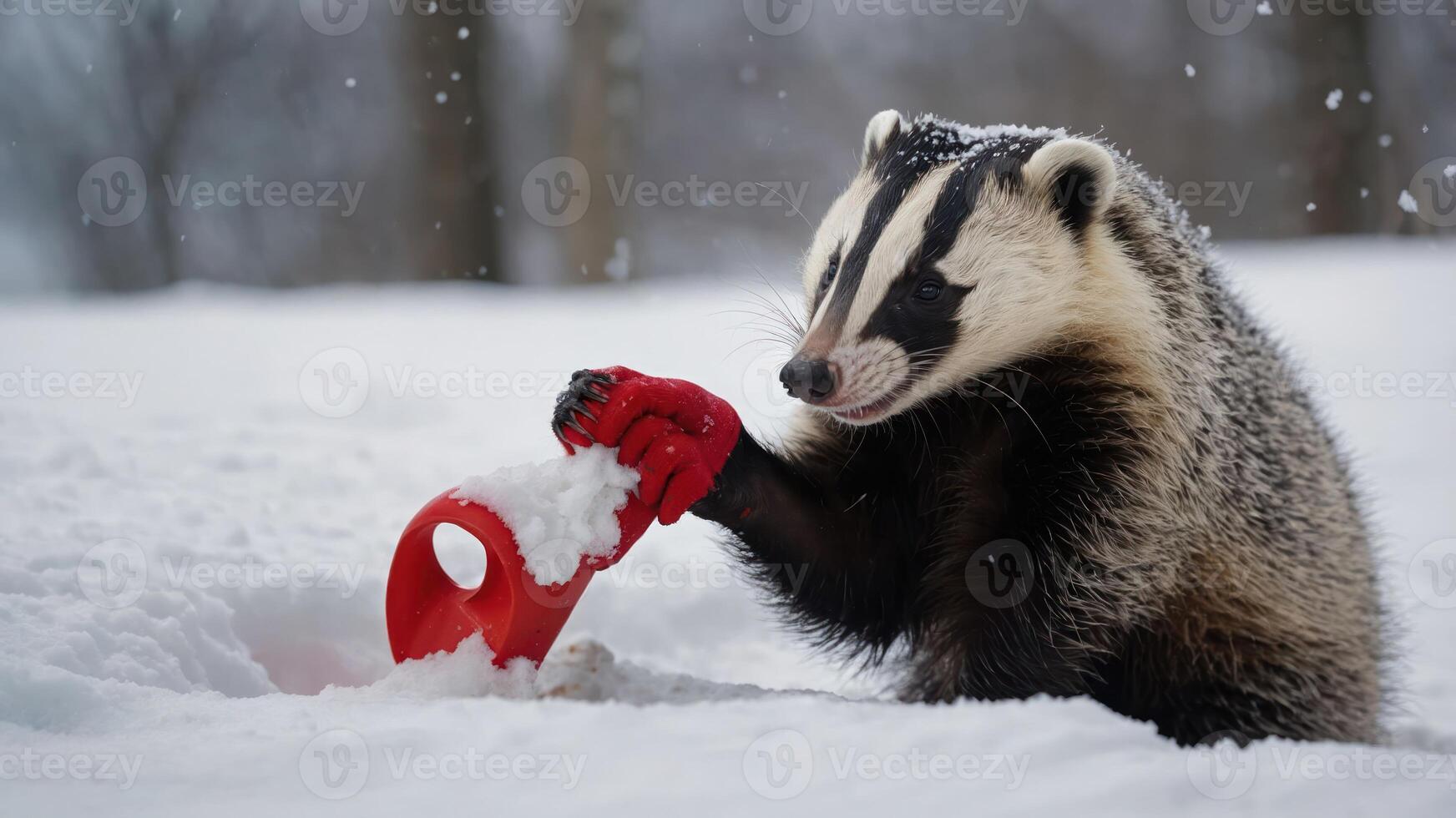 A badger playfully shoveling snow with a red shovel in a snowy landscape. photo