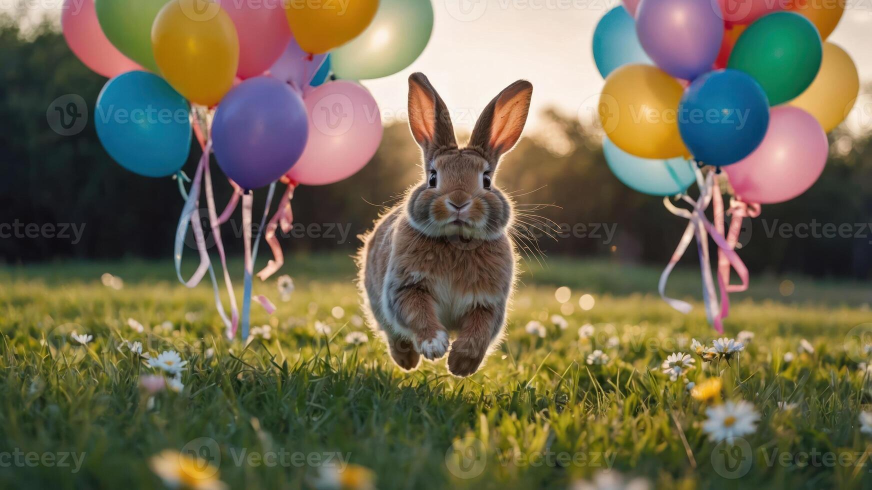 A rabbit joyfully leaps in a field surrounded by colorful balloons. photo