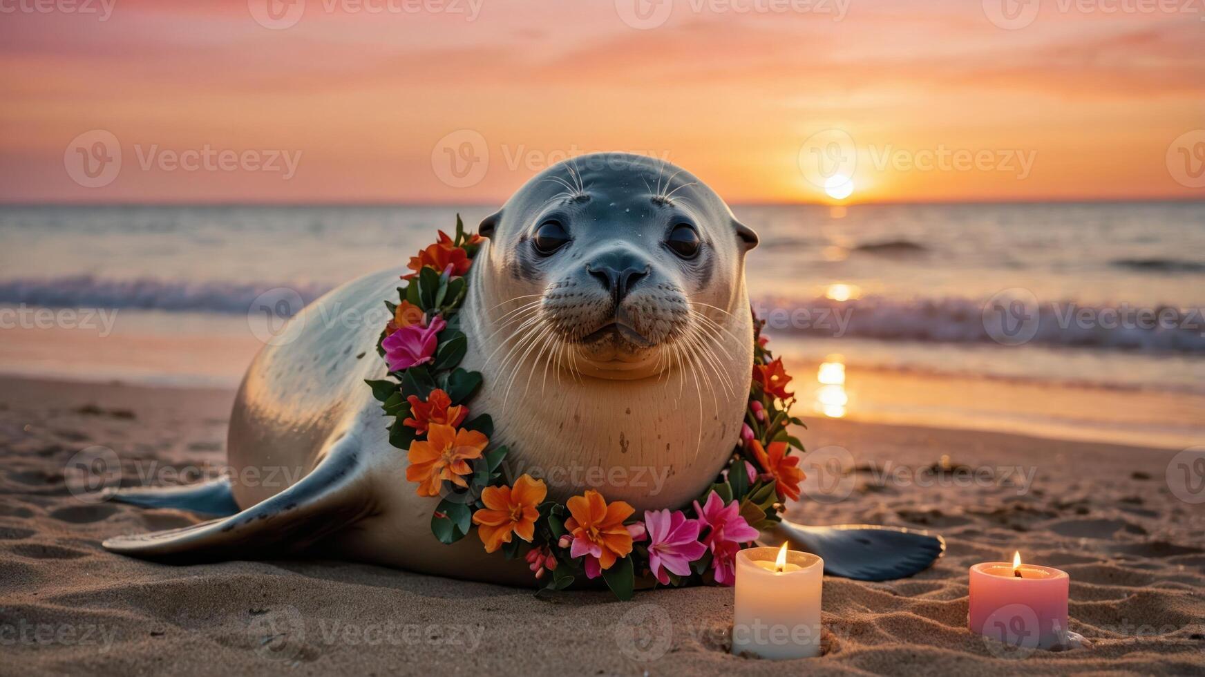 A seal adorned with flowers rests on the beach at sunset, surrounded by candles. photo