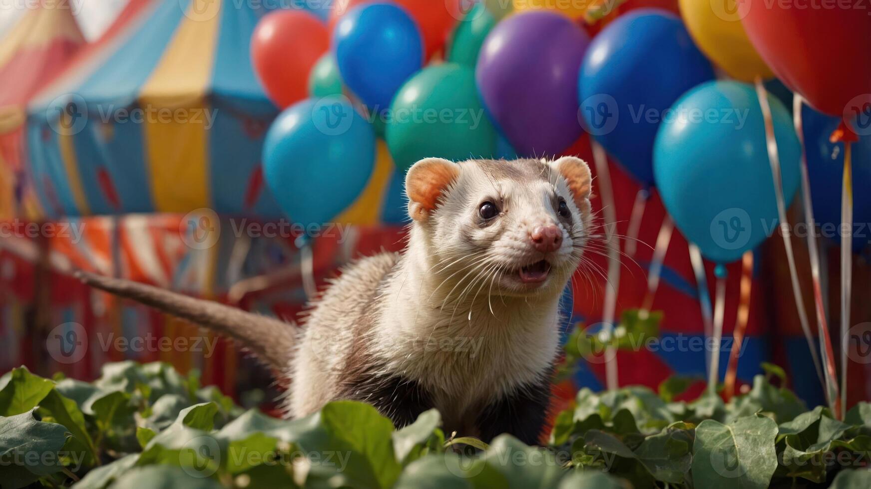 A playful ferret surrounded by colorful balloons in a festive setting. photo