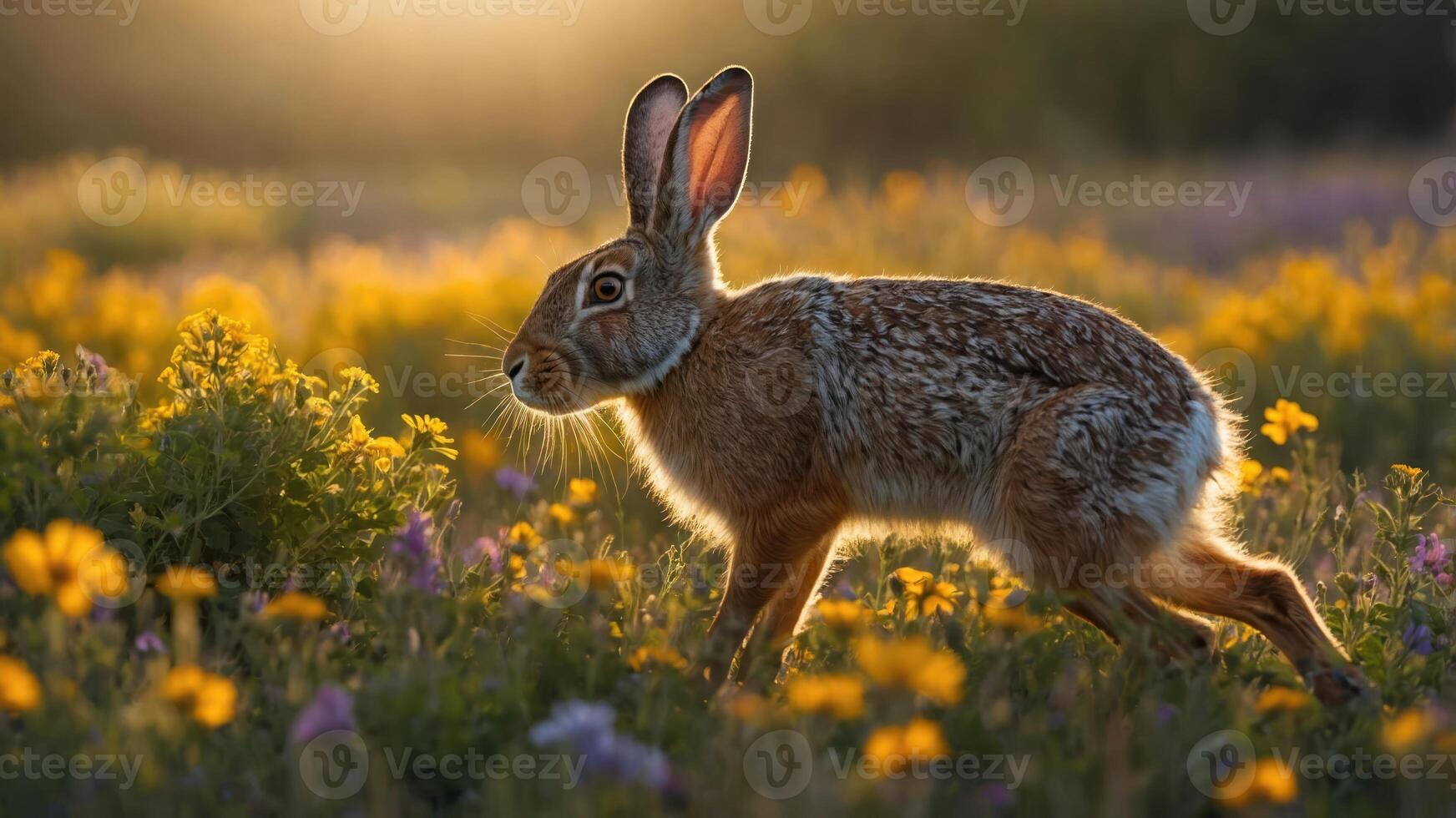A rabbit gracefully moves through a field of vibrant wildflowers at sunset. photo