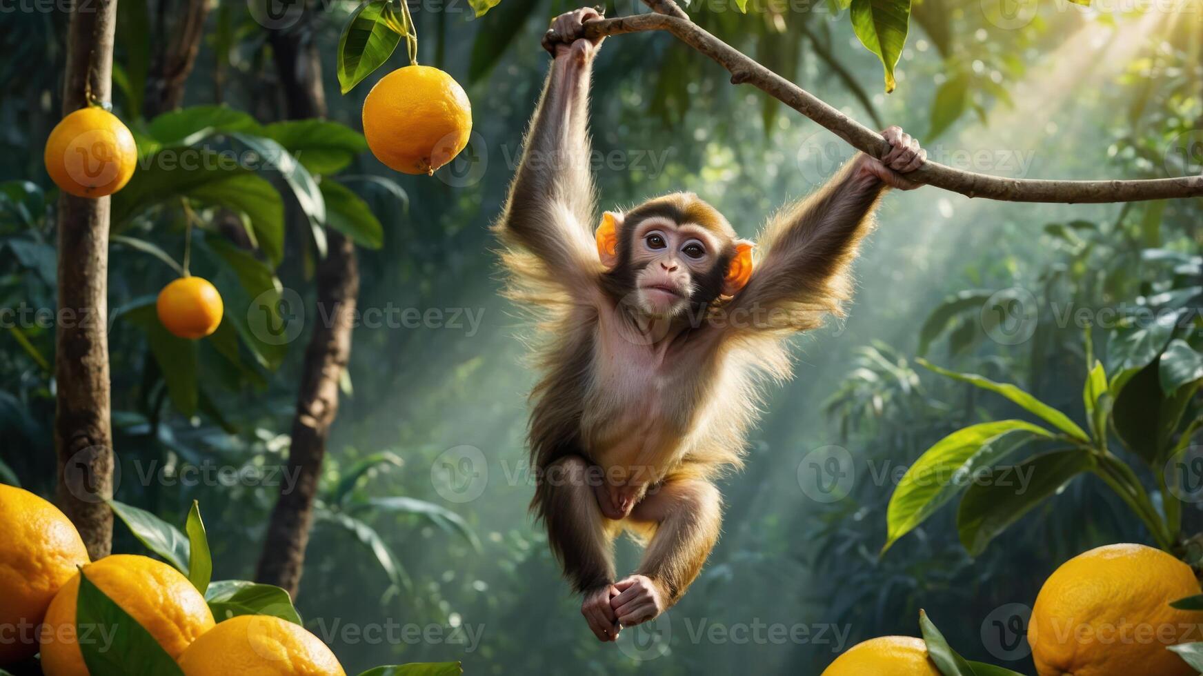 A playful monkey hanging from a branch in a vibrant, sunlit orchard filled with oranges. photo