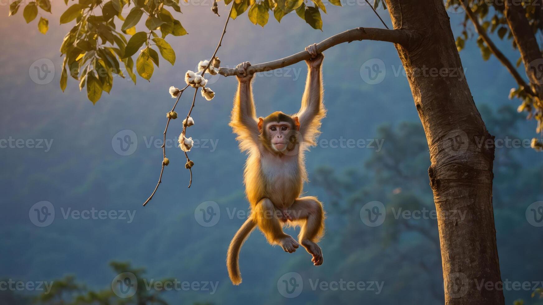A monkey hanging from a branch in a natural setting during sunset. photo