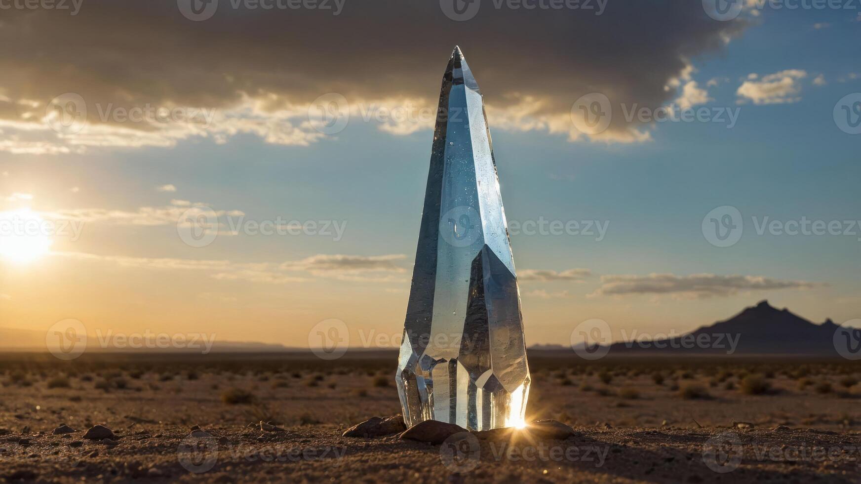 A tall crystal structure reflecting sunlight in a desert landscape at sunset. photo