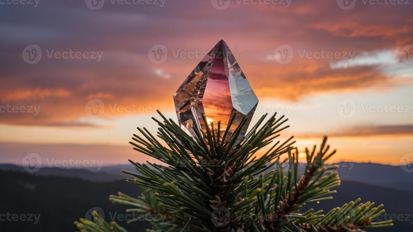 A crystal atop a pine branch against a colorful sunset backdrop. photo