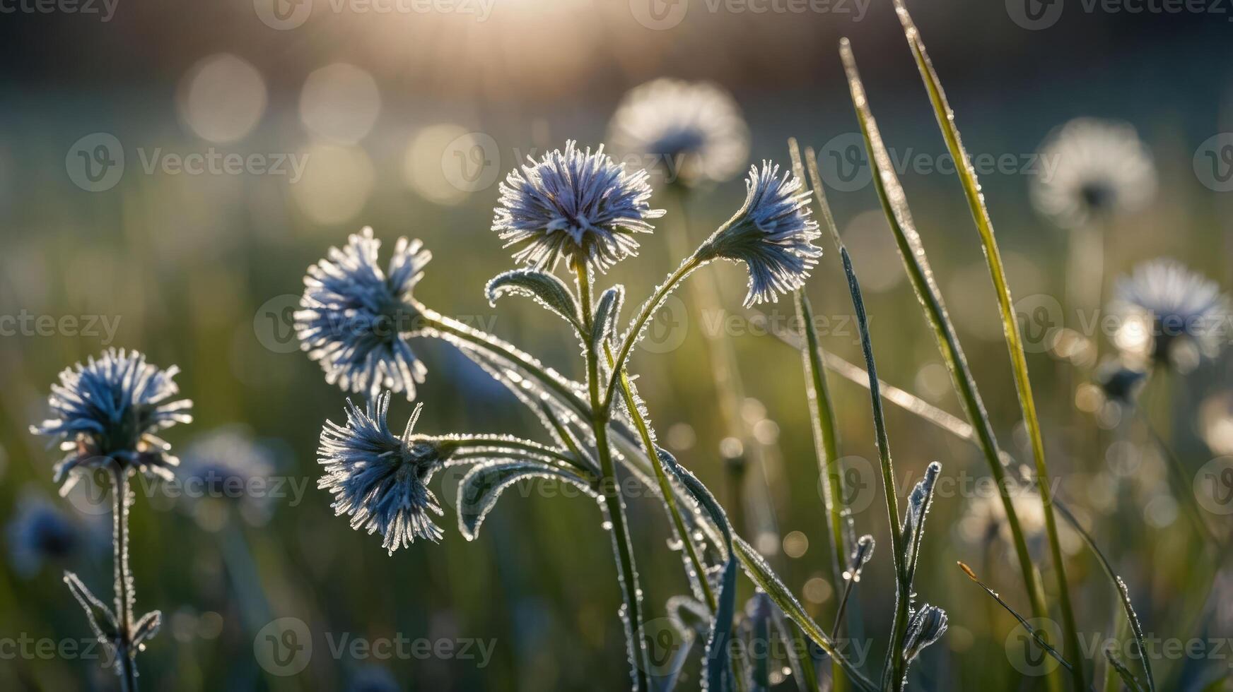 Dew-kissed wildflowers glimmer in morning light, showcasing nature's beauty. photo