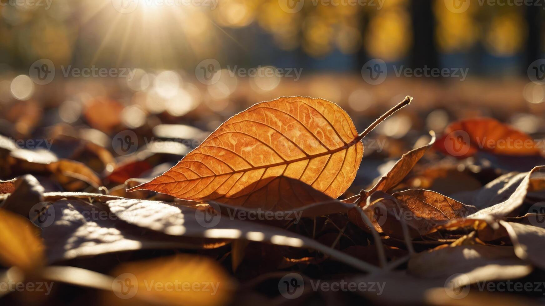 A close-up of a brown leaf resting on a bed of fallen leaves, illuminated by sunlight. photo
