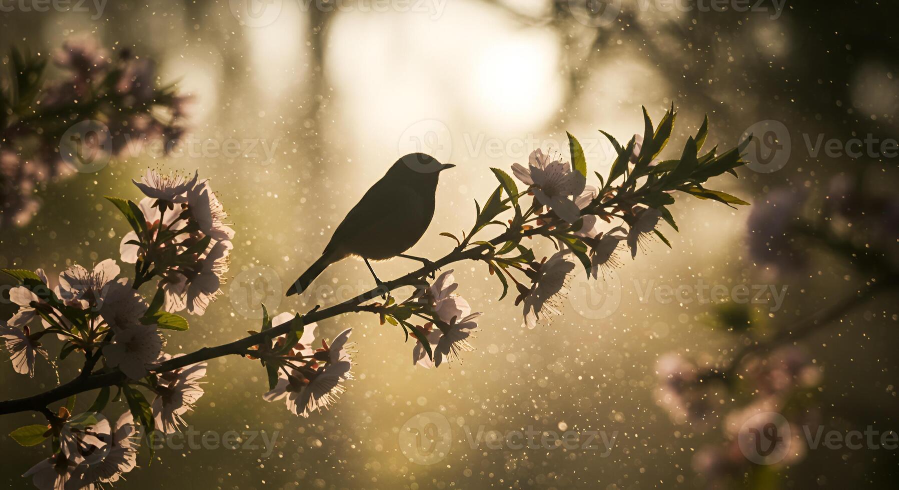Silhouette of a Bird Perched on a Branch of Blossoming Tree at Sunset photo