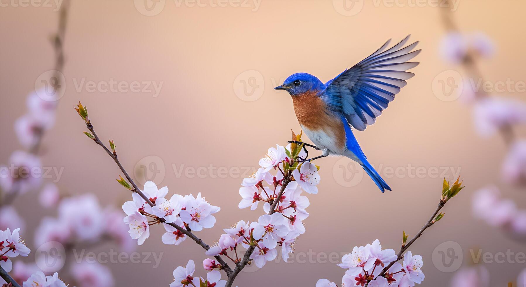 Eastern Bluebird Taking Flight Amidst Spring Blossoms photo