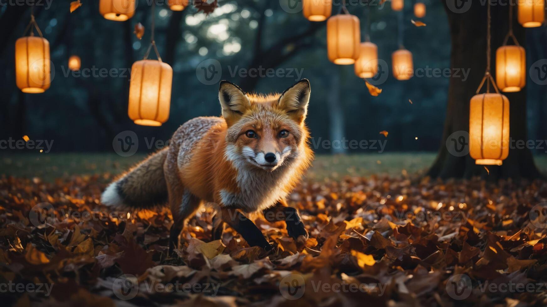 A fox in a serene forest setting illuminated by lanterns amidst fallen leaves. photo