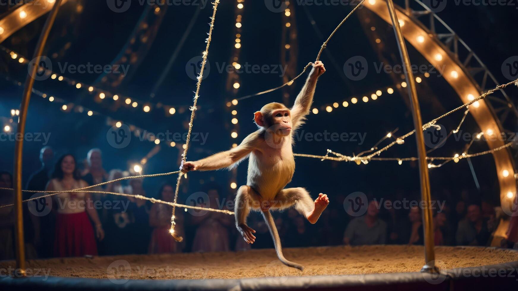 A monkey performs in a circus ring under bright lights, entertaining an audience. photo