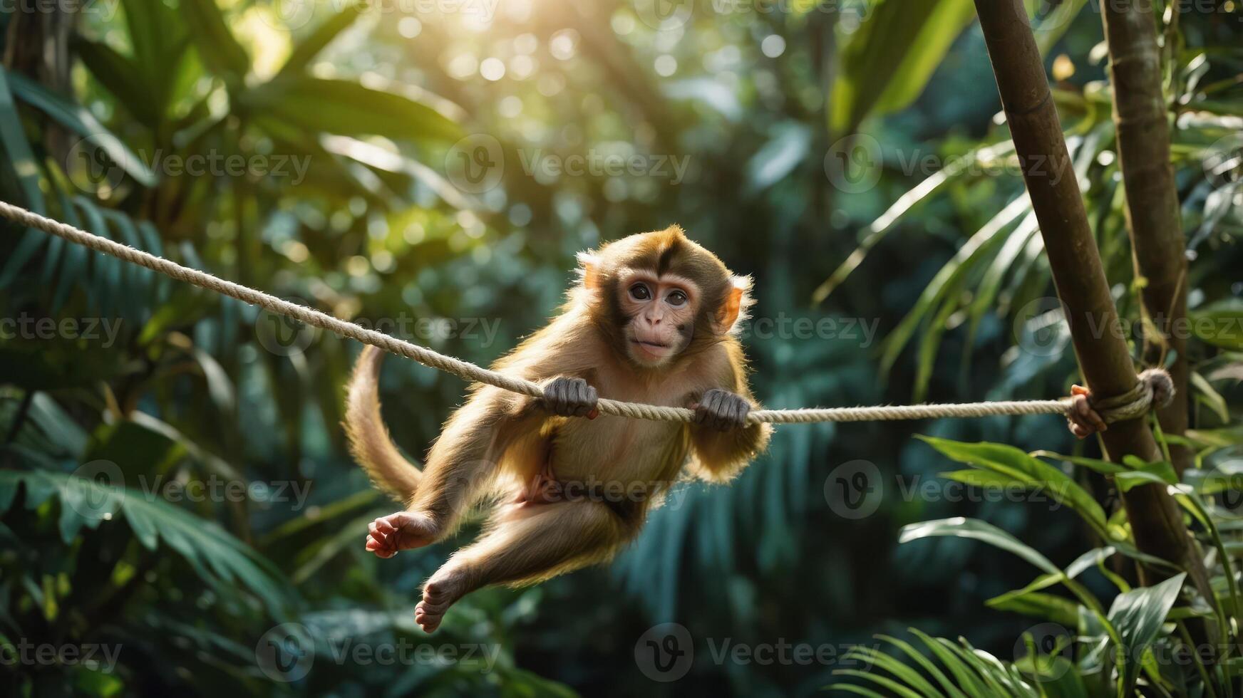 A monkey hanging from a rope in a lush green jungle setting. photo