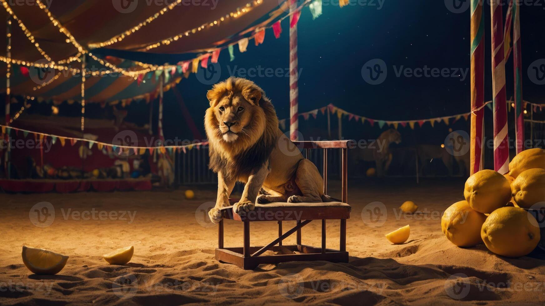 A lion sits majestically on a chair in a circus setting, surrounded by festive decorations. photo