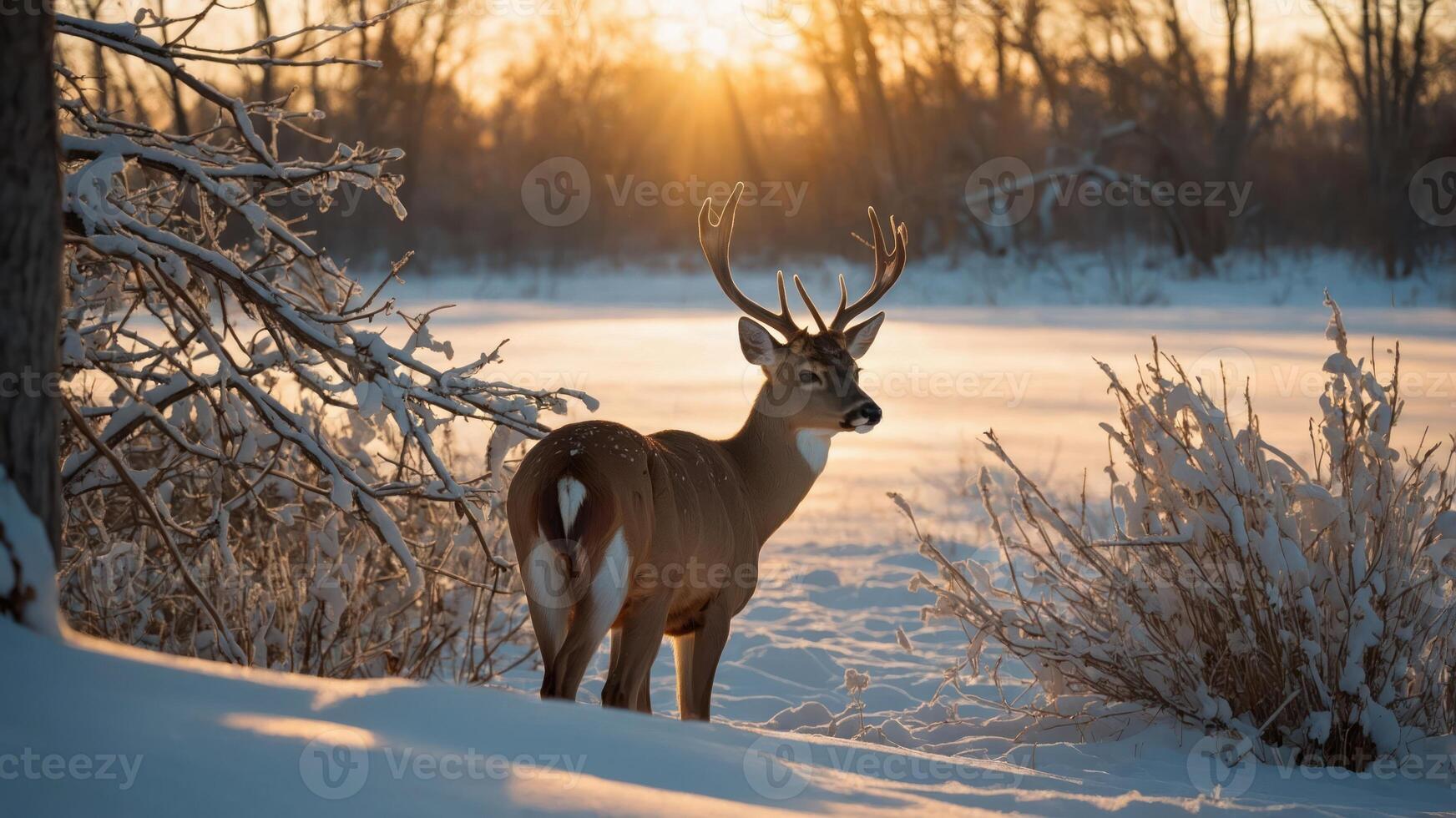 A deer stands in a snowy landscape during sunset, highlighting nature's beauty. photo