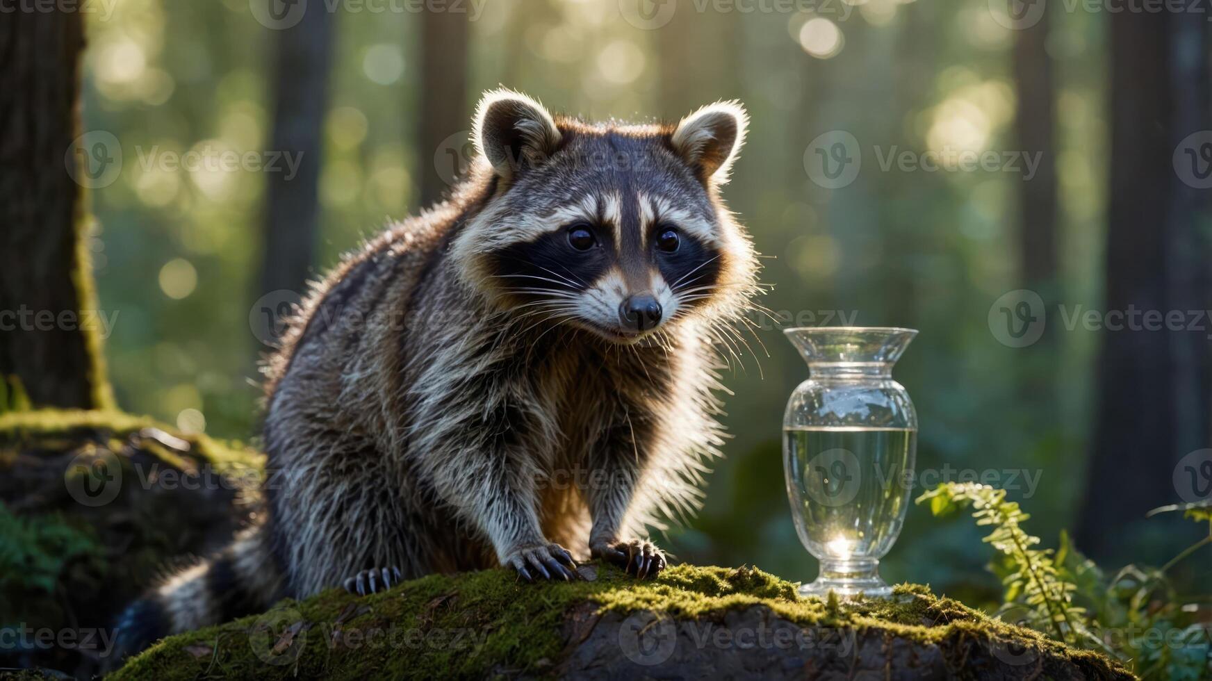 A raccoon sits beside a glass vase filled with water in a sunlit forest. photo