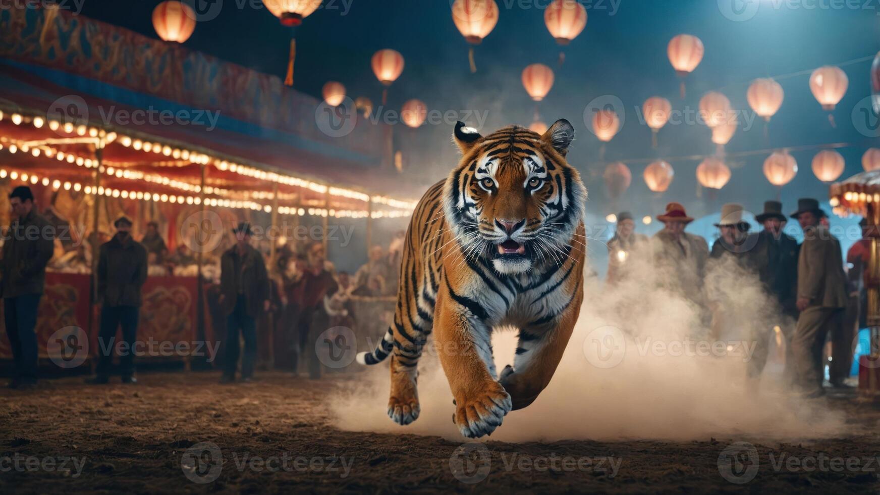 A tiger runs through a carnival scene filled with lights and people. photo