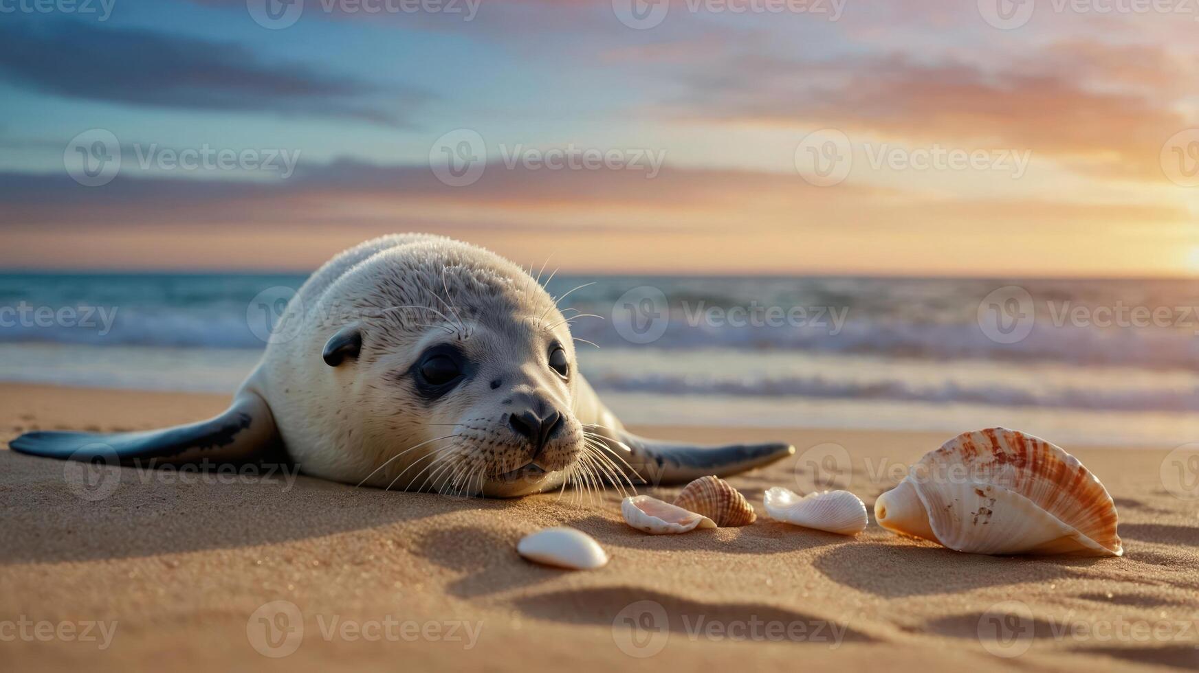A seal resting on a sandy beach, surrounded by seashells at sunset. photo